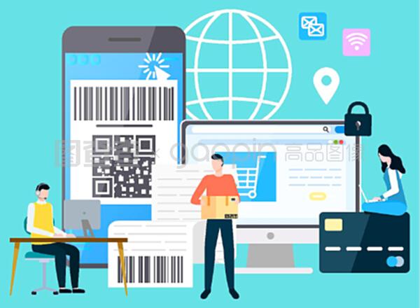 有支付保障的智能手機和計算機,購物和送貨。網(wǎng)上支付系統(tǒng),帶筆記本電腦的字符。平面卡通風格的矢量插圖。國際商務現(xiàn)代技術小工具